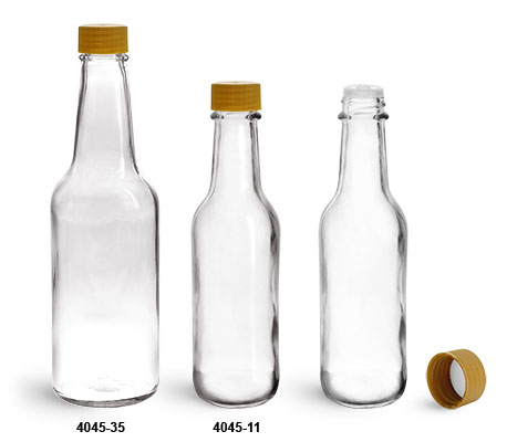 Glass Bottles, Clear Glass Woozy Bottles w/ Gold Ribbed Lined Caps & Orifice Reducers