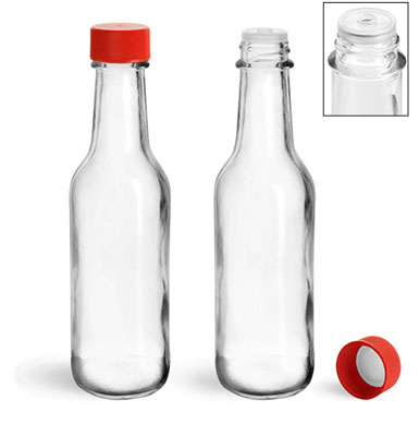 Glass Bottles, Clear Glass Woozy Bottles w/ Red Ribbed Lined Caps & Orifice Reducers