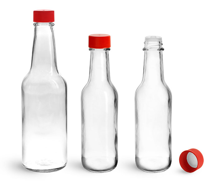 Glass Bottles, Clear Glass Woozy Bottles w/ Red Ribbed Lined Caps & Orifice Reducers