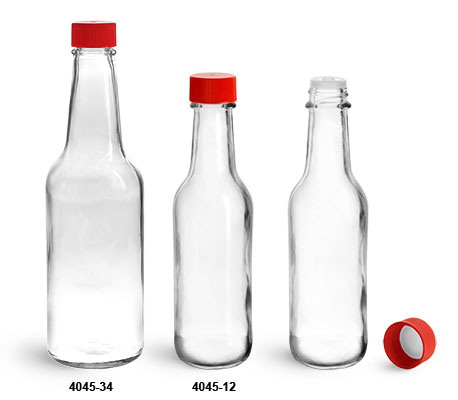 Glass Bottles, Clear Glass Woozy Bottles w/ Red Ribbed Lined Caps & Orifice Reducers