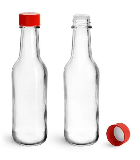 Clear Glass Woozy Bottles w/ Red Ribbed Lined Caps & Orifice Reducers