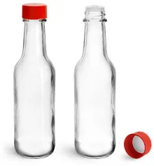 Glass Bottles, Clear Glass Woozy Bottles w/ Red Ribbed Lined Caps & Orifice Reducers
