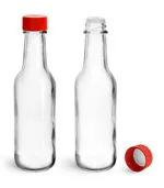 Glass Bottles, Clear Glass Woozy Bottles w/ Red Ribbed Lined Caps & Orifice Reducers