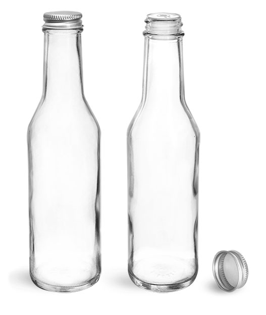 8 oz Clear Glass Sauce Bottles w/ Lined Aluminum Caps