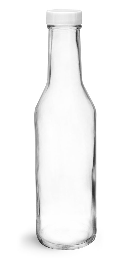 8 oz Clear Glass Sauce Bottles w/ White Ribbed Lined Caps & Orifice Reducers
