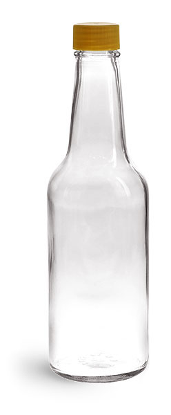 Glass Bottles, Clear Glass Woozy Bottles w/ Gold Ribbed Lined Caps & Orifice Reducers