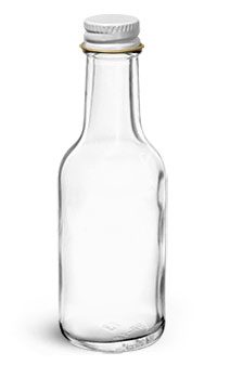 Glass Bottles, 1.7 oz Clear Glass Woozy Bottle w/ White Metal Foil Lined Caps