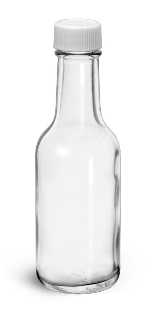 1.7 oz Glass Bottles, Clear Glass Woozy Bottle w/ White Ribbed PE Lined Caps