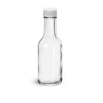 Glass Bottles, Clear Glass Woozy Bottle w/ White Ribbed PE Lined Caps