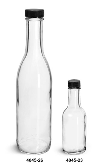 Glass Bottles, Clear Glass Woozy Bottle w/ Black Ribbed Lined Caps