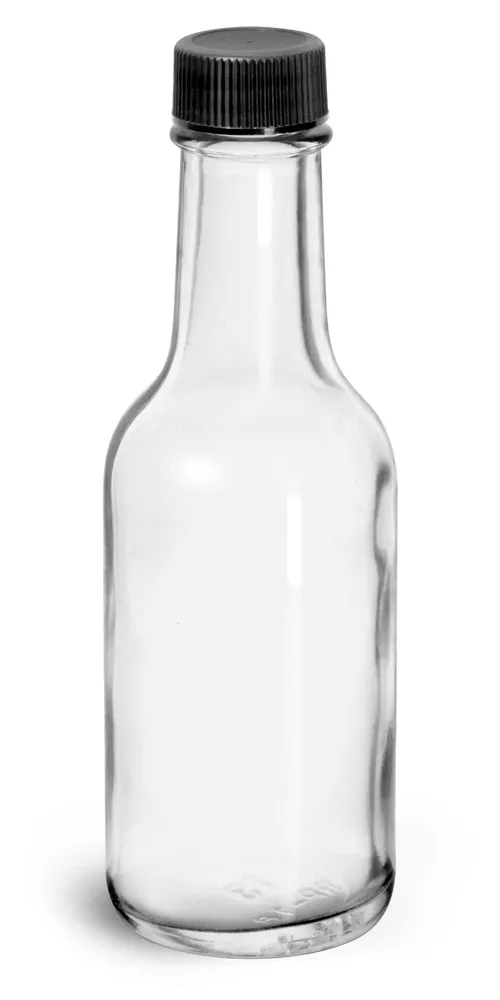 1.7 oz Glass Bottles, Clear Glass Woozy Bottle w/ Black Ribbed Lined Caps