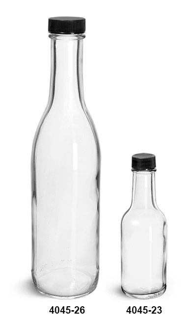Glass Bottles, Clear Glass Woozy Bottle w/ Black Ribbed Lined Caps