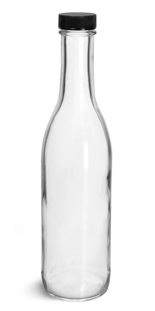 12 oz Glass Bottles, Clear Glass Woozy Bottle w/ Black Ribbed Lined Caps