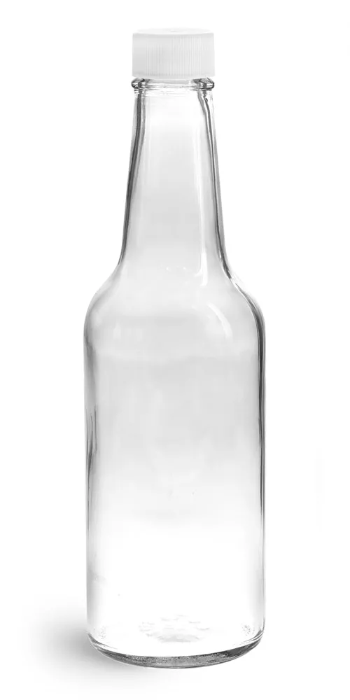 10 oz Clear Glass Sauce Bottles w/ White Ribbed Lined Caps & Orifice Reducers