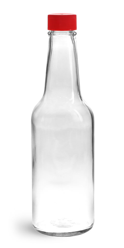 SKS Bottle & Packaging - 5 oz Clear Glass Sauce Bottles w/ Red Ribbed ...