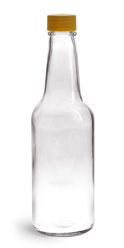 10 oz Clear Glass Sauce Bottles w/ Gold Ribbed Lined Caps & Orifice Reducers