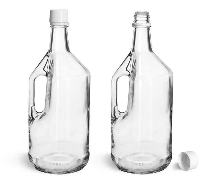 Glass Bottles, Clear Glass Bottles w/ Handles and White Tamper Evident Closures w/ Pouring Inserts