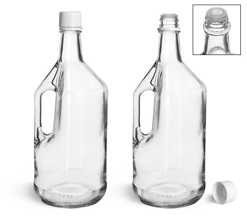 Glass Bottles, Clear Glass Bottles w/ Handles and White Tamper Evident Closures W/ Pouring Inserts