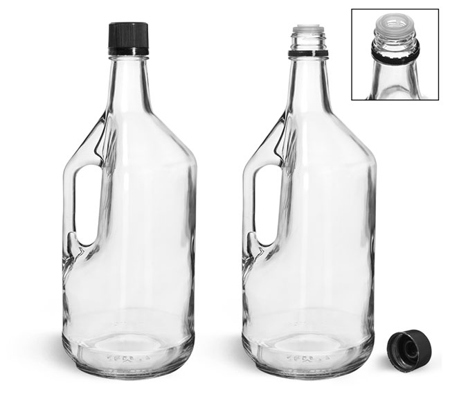 Glass Bottles, Clear Glass Bottles w/ Handles and Black Tamper Evident Closures W/ Pouring Inserts