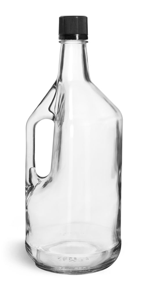 SKS Bottle & Packaging 1.75 Liter Glass Bottles, Clear Glass Bottles w/ Handles and Black