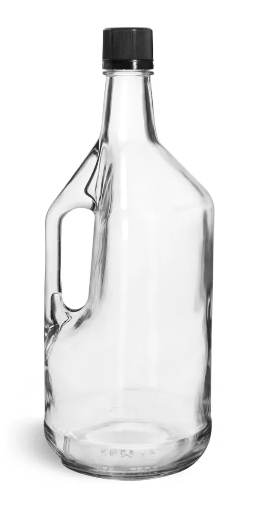 1.75 Liter Glass Bottles, Clear Glass Bottles w/ Handles and Black Tamper Evident Closures w/ Pouring Inserts
