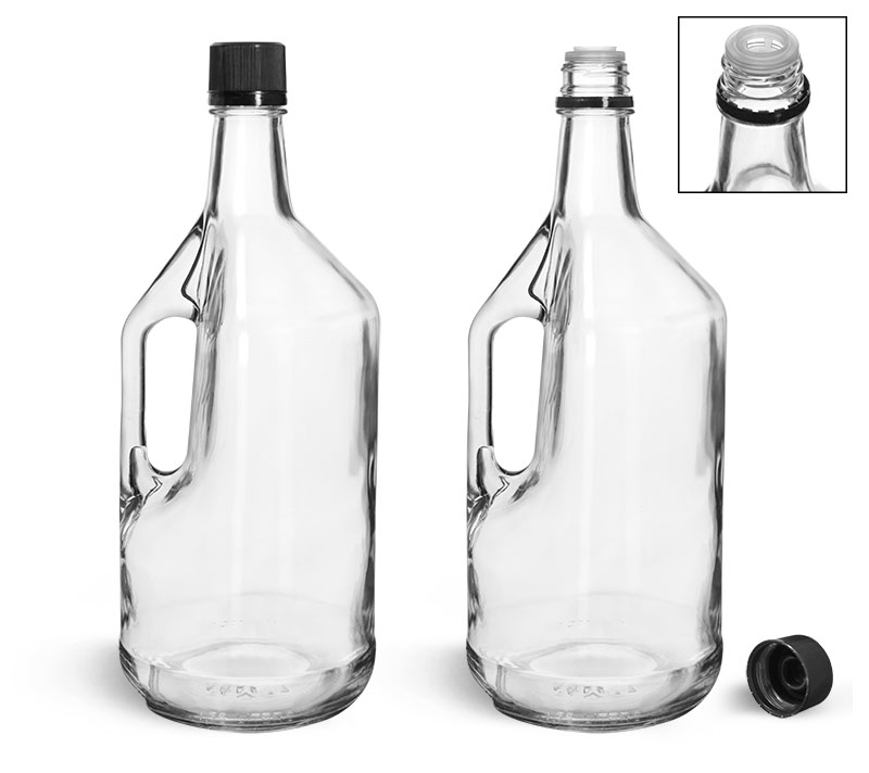 Glass Bottles, Clear Glass Bottles w/ Handles and Black Tamper Evident Closures W/ Pouring Inserts