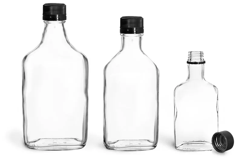 Glass Bottles, Clear Glass Flask Bottles w/ Black Ribbed Tamper Evident Caps