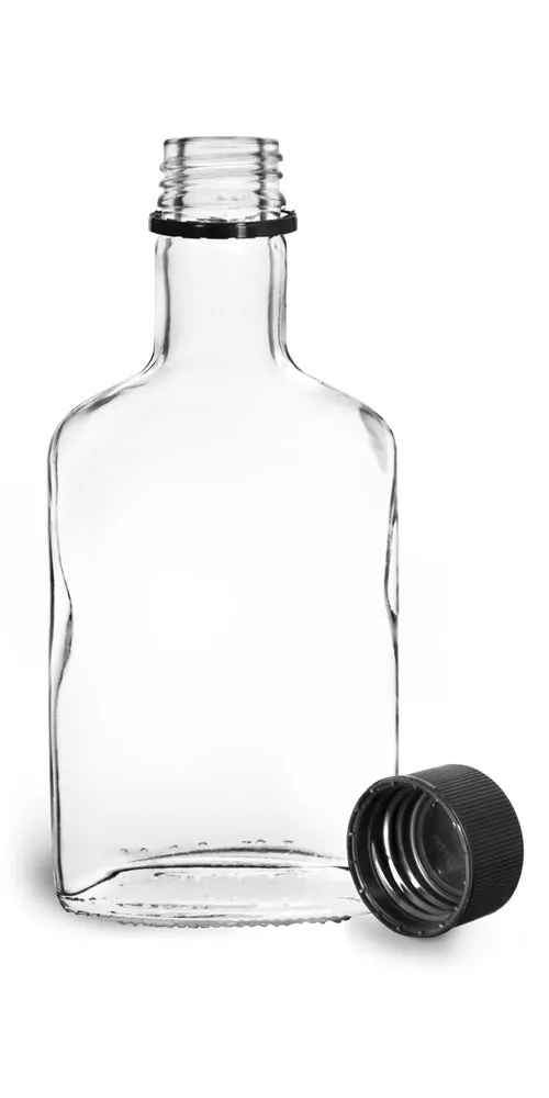 100 ml Glass Bottles, Clear Glass Flask Bottles w/ Black Ribbed Tamper Evident Caps