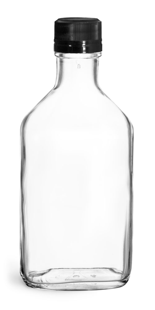 200 ml Glass Bottles, Clear Glass Flask Bottles w/ Black Ribbed Tamper Evident Caps