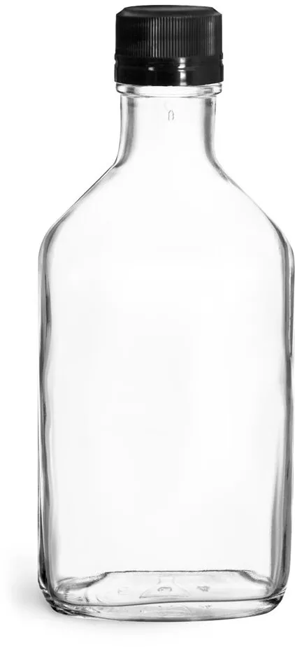 200 ml Clear Glass Flask Bottles w/ Black Ribbed Tamper Evident Caps
