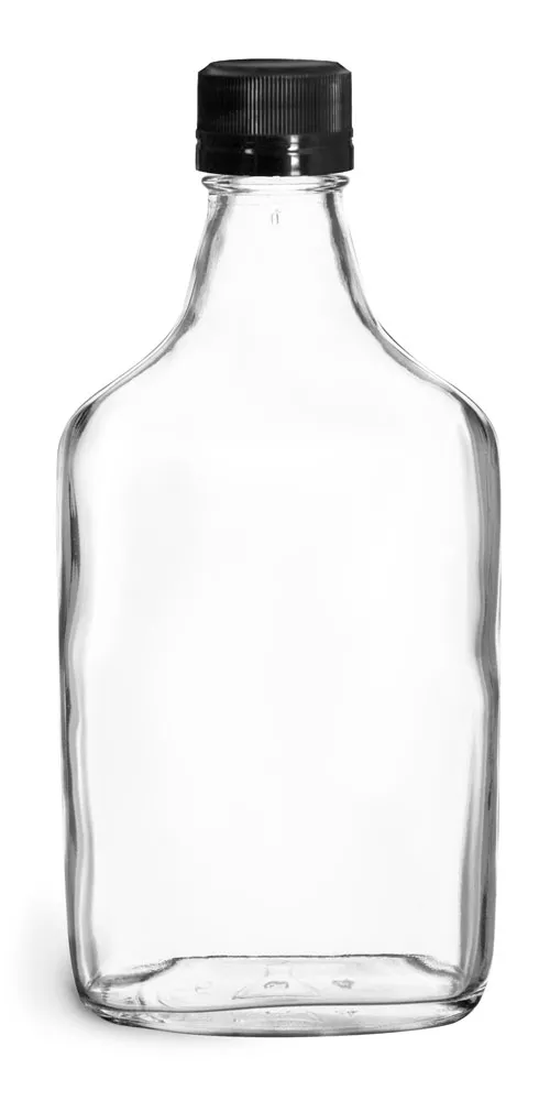 375 ml Glass Bottles, Clear Glass Flask Bottles w/ Black Ribbed Tamper Evident Caps