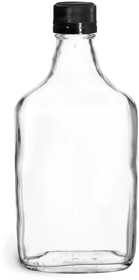 375 ml Clear Glass Flask Bottles w/ Black Ribbed Tamper Evident Caps
