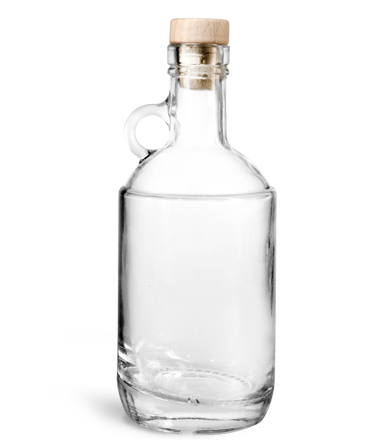 Glass Bottles, Clear Glass Moonshine Bottles w/ Round Wood Bar Tops & Natural Corks