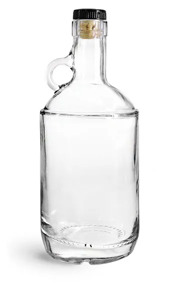 Glass Bottles, Clear Glass Moonshine Bottles w/ Black Ribbed Bar Tops & Natural Corks