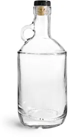 Glass Bottles, Clear Glass Moonshine Bottles w/ Black Ribbed Bar Tops & Natural Corks