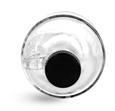 Glass Bottles, Clear Glass Moonshine Bottles w/ Black Ribbed Bar Tops & Natural Corks