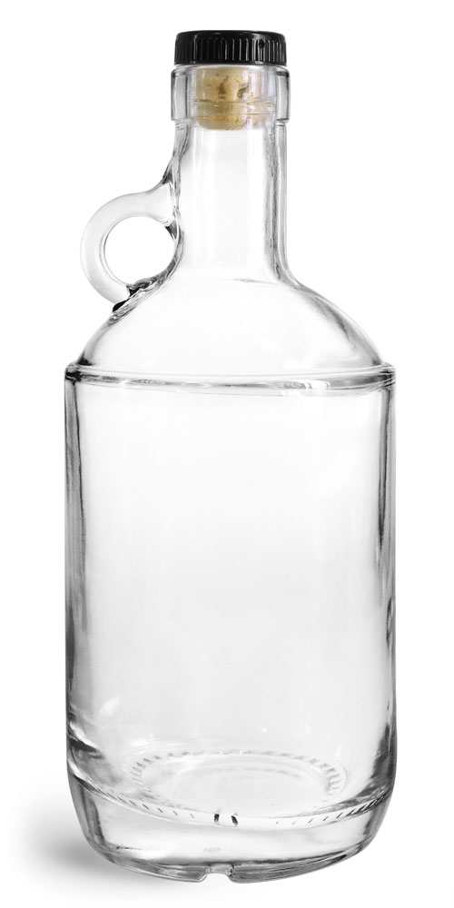 750 ml Glass Bottles, Clear Glass Moonshine Bottles w/ Black Ribbed Bar Tops & Natural Corks