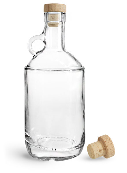 Clear Glass Moonshine Bottles w/ Wood Bar Tops & Colmated Corks