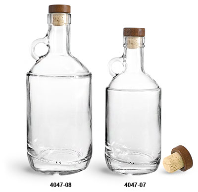 Glass Bottles, Clear Glass Moonshine Bottles w/ Stained Wood Bar Tops & Natural Corks