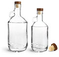 Clear Glass Moonshine Bottles w/ Stained Wood Bar Tops & Natural Corks