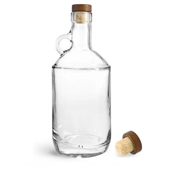 Glass Bottles, Clear Glass Moonshine Bottles w/ Stained Wood Bar Tops & Natural Corks