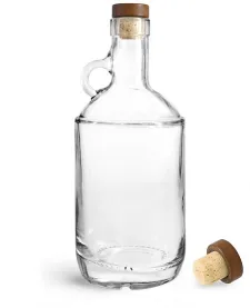 Clear Glass Moonshine Bottles w/ Stained Wood Bar Tops & Natural Corks