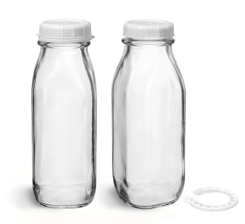 Clear Glass Tall Dairy Bottles With White Tamper Evident Caps