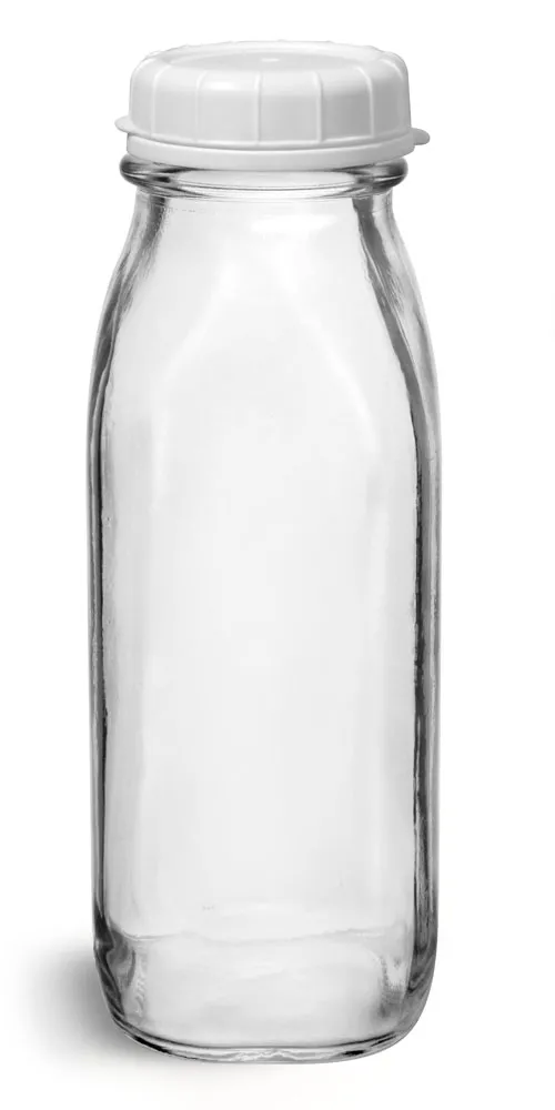 16 oz Glass Bottles, Clear Glass Tall Dairy Bottles with White Tamper Evident Caps