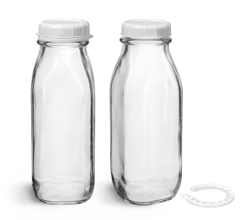 Glass Bottles, Clear Glass Tall Dairy Bottles With White Tamper Evident Caps