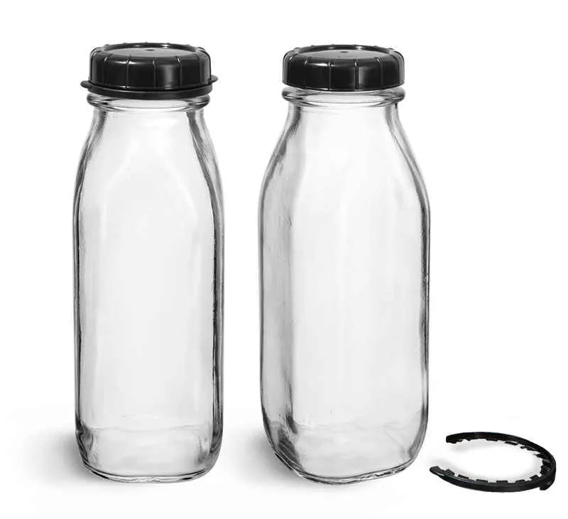 Glass Bottles, Clear Glass Tall Dairy Bottles with Black Tamper Evident Caps