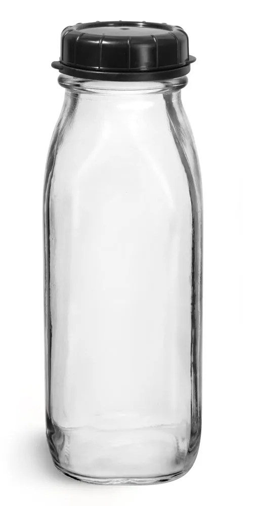 16 oz Glass Bottles, Clear Glass Tall Dairy Bottles with Black Tamper Evident Caps