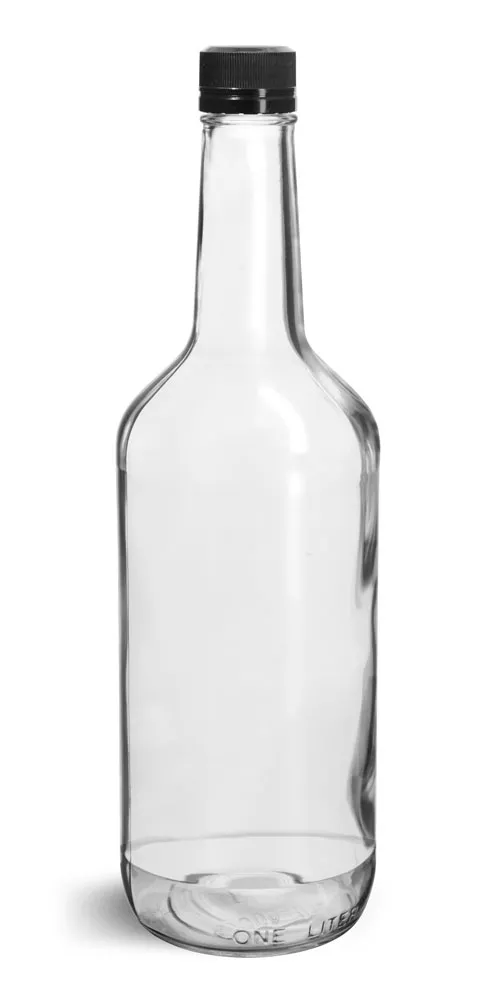 1 Liter Glass Bottles, Clear Glass Liquor Bottles w/ Black Polypro Tamper Evident Caps