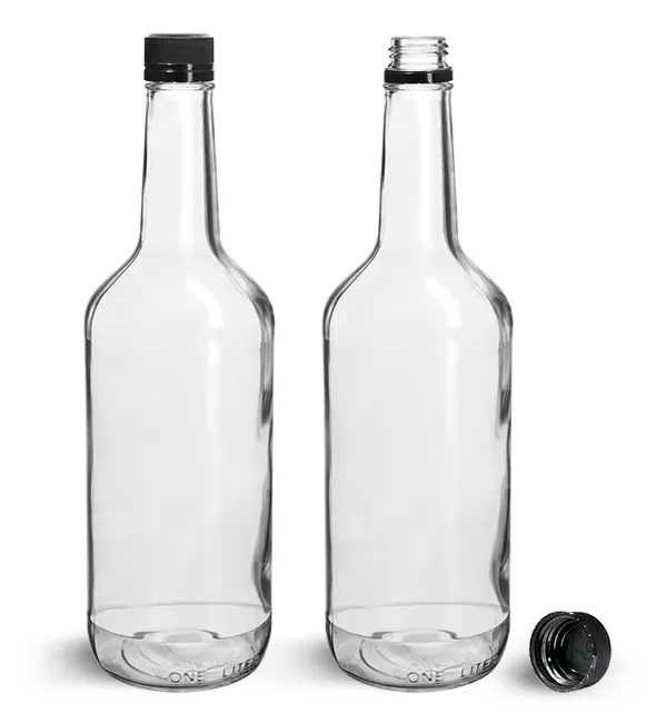speelgoed Honderd jaar terrorist Clear Glass Liquor Bottles w/ Black Polypropylene Tamper Evident Caps