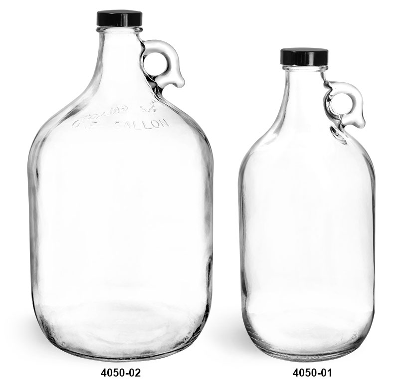 Glass Bottles, Clear Glass Jugs with Black Phenolic Cone Lined Caps